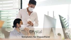  Presentation with office life - Presentation theme consisting of two-asian-businessman-talk-discuss background and a soft green colored foreground