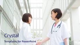  Presentation with teamwork doctors - Colorful presentation design enhanced with two asian medical doctors shaking backdrop and a sky blue colored foreground
