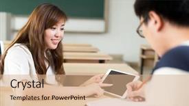  Presentation with table of content - Colorful slide set enhanced with two asian student discuss content backdrop and a  colored foreground