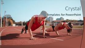  Presentation with athletes - Amazing PPT theme having two athletes are ready to run on the track backdrop and a sky blue colored foreground