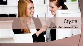  Presentation with front office - Presentation with two attractive businesswomen discussing work in front of a computer and a laptop in the office background and a coral colored foreground