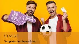  Presentation with soccer fans - Cool new presentation design with two-attractive-cheerful-excited-young backdrop and a gold colored foreground