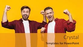  Presentation with flexing - Presentation theme with two-attractive-cheerful-excited-young background and a gold colored foreground