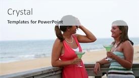  Presentation with females - Cool new PPT theme with two attractive females have drinks overlooking the beach backdrop and a sky blue colored foreground