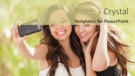  Presentation with cell phones - Slide deck enhanced with two attractive mixed race girlfriends using their smart cell phones for selfie outdoors background and a blonde colored foreground