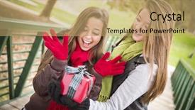  Presentation with race - Audience pleasing slides consisting of two attractive mixed race women having a gift exchange outside backdrop and a coral colored foreground