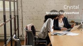  Presentation with new office - Cool new PPT layouts with two-attractive-smart-multiethnic-women backdrop and a coral colored foreground