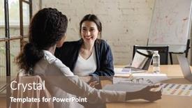  Presentation with new office - Slide set enhanced with two-attractive-smiling-smart-multiethnic background and a violet colored foreground