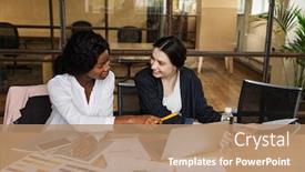  Presentation with new office - Presentation theme consisting of two-attractive-smiling-smart-multiethnic background and a coral colored foreground