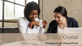  Presentation with new office - Slide deck having two-attractive-smiling-smart-multiethnic background and a soft green colored foreground