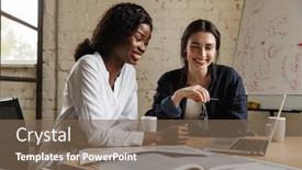  Presentation with new office - Slide set enhanced with two-attractive-smiling-smart-multiethnic background and a violet colored foreground