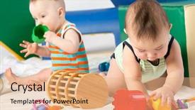  Presentation with babies - Presentation design featuring two babies are playing with toys in the gaming complex background and a coral colored foreground
