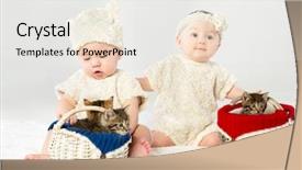  Presentation with babies - Colorful slide set enhanced with two babies in white fur with two basket with small kittens backdrop and a sky blue colored foreground