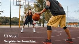  Presentation with tactics - Presentation design consisting of two basketball players work out tactics outdoor background and a tawny brown colored foreground