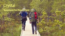  Presentation with camp - Slides having two bearded men walking in swamps in autumn forest camp adventure traveling and fishing concept background and a tawny brown colored foreground