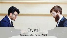  Presentation with lobby - Slide deck enhanced with two bearded white collar workers in eyeglasses using laptops while sitting opposite one another in office lobby profile view background and a light gray colored foreground