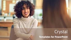  Presentation with interview - Audience pleasing PPT layouts consisting of two-beautiful-businesswomen-smiling-happy backdrop and a coral colored foreground