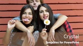  Presentation with sweet candy - Colorful PPT layouts enhanced with two beautiful girls and young boy have fun embracing and licking sweet candy outdoor against red brick wall backdrop and a tawny brown colored foreground