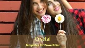  Presentation with sweet candy - Audience pleasing slides consisting of two beautiful girls have fun embracing and licking sweet candy outdoor against red brick wall backdrop and a tawny brown colored foreground