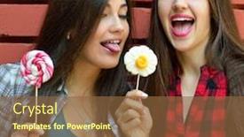  Presentation with sweet candy - Amazing theme having two beautiful girls have fun embracing and licking sweet candy outdoor against red brick wall backdrop and a tawny brown colored foreground