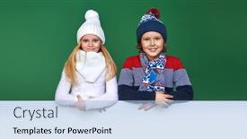  Presentation with kids space - PPT theme enhanced with two-beautiful-kids-in-winter background and a light blue colored foreground