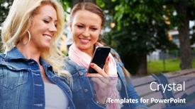  Presentation with cell - Colorful slide deck enhanced with two beautiful smiling young girl in jeans jackets with cell phone sitting on a bench in a park backdrop and a ocean colored foreground