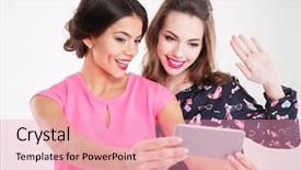  Presentation with women making - Presentation enhanced with using mobile phone over white background and a coral colored foreground