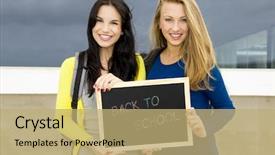  Presentation with slogan - Cool new presentation design with two beautiful teenage students holding a chalkboard with the slogan back to school backdrop and a coral colored foreground