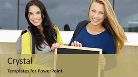  Presentation with backpacks - Colorful presentation enhanced with two beautiful teenage students holding backpacks and smiling backdrop and a yellow colored foreground