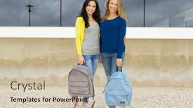  Presentation with backpacks - Colorful presentation theme enhanced with two beautiful teenage students holding backpacks and smiling backdrop and a soft green colored foreground