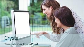  Presentation with helping others two hands woman - Presentation theme with two beautiful woman using computer background and a  colored foreground