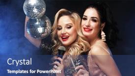  Presentation with disco ball - Presentation theme having two-beautiful-women-a-blonde background and a ocean colored foreground
