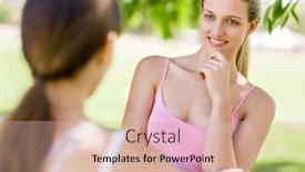  Presentation with class - Slides with two beautiful young european woman chatting after sport class background and a coral colored foreground