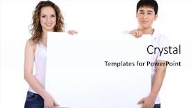  Presentation with poster - Amazing presentation design having two beautiful young people holding blank poster isolated on white backdrop and a white colored foreground