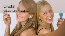  Presentation with listening - Slide deck with two beautiful young women listening to their mp3 players background and a coral colored foreground