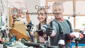  Presentation with mechanics - Slides having two bike mechanics in their workshop having a successful day showing their thumbs background and a lemonade colored foreground