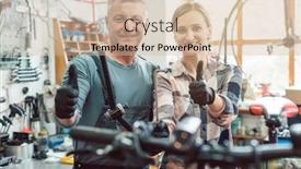  Presentation with mechanics - Presentation theme with two bike mechanics in their workshop having a successful day showing their thumbs background and a soft green colored foreground