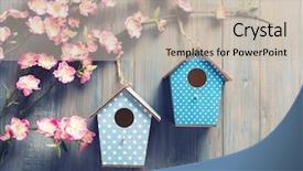  Presentation with hang - Amazing PPT theme having two birdhouses hang on spring backdrop and a soft green colored foreground