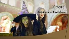  Presentation with witches - Colorful slides enhanced with two black halloween witches in black attire looking at camera backdrop and a mint green colored foreground