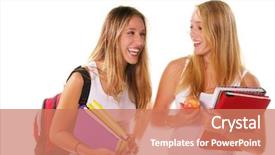  Presentation with senior high school - Audience pleasing presentation design consisting of two blond high school senior girls hanging out laughing and smiling holding text books and an apple backdrop and a coral colored foreground