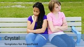  Presentation with teenage suicide - Beautiful PPT theme featuring two bored teenage girls sitting backdrop and a teal colored foreground