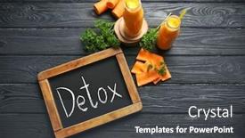  Presentation with detox - Colorful slides enhanced with two bottles of carrot smoothie and small chalkboard with word detox on wooden background backdrop and a dark gray colored foreground