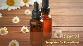  Presentation with essential oil - PPT layouts having two bottles of essential oil with fresh chamomiles on table background and a tawny brown colored foreground