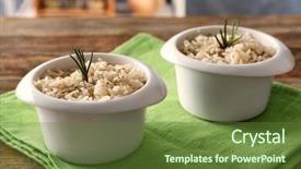  Presentation with brown rice - Amazing PPT layouts having two bowls with brown rice on wooden table backdrop and a tawny brown colored foreground
