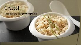  Presentation with brown rice - Presentation design featuring two bowls with brown rice on gray table background background and a coral colored foreground