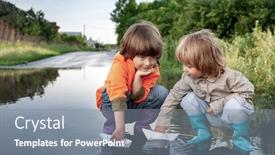  Presentation with paper boat children play - Beautiful slide deck featuring two-boy-play-in-paper backdrop and a gray colored foreground