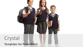  Presentation with backpacks - PPT theme featuring two-boys-and-one-girl background and a light gray colored foreground