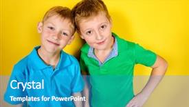  Presentation with bright yellow - Cool new PPT layouts with two boys best friends standing backdrop and a teal colored foreground