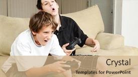  Presentation with video games playing - Audience pleasing PPT theme consisting of two boys playing video games backdrop and a coral colored foreground