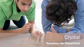  Presentation with world map - Beautiful PPT theme featuring two-boys-searching-on-world backdrop and a coral colored foreground